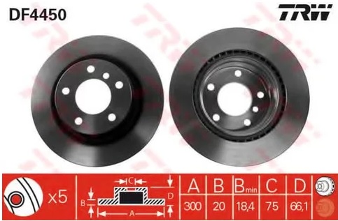 Диск тормозной задний BMW 1, 2, 3 TRW DF 4450, D=300 мм 