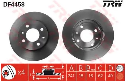 Диск тормозной передний Dodge I 10, Hyundai i10, Kia Picanto TRW DF 4458, D=241 мм