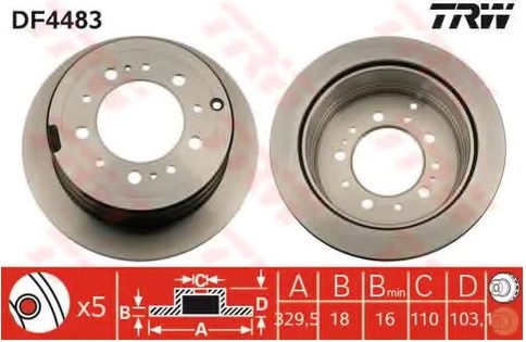 Диск тормозной задний Lexus LX, Toyota Land Cruiser TRW DF 4483, D=329 мм