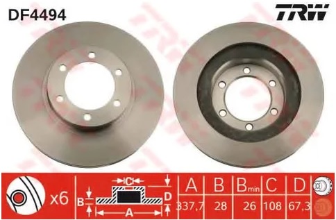 Диск тормозной передний Lexus GX, Toyota Land Cruiser Prado TRW DF 4494, D=338 мм