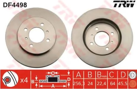 Диск тормозной передний Mitsubishi Colt, Lancer TRW DF 4498, D=256 мм