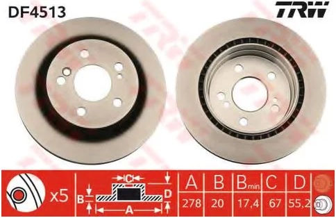 Диск тормозной задний Mercedes C-CLASS, E-CLASS, KOMBI TMODEL, SL TRW DF 4513, D=278 мм