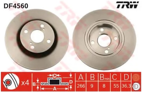 Диск тормозной задний Toyota Corolla TRW DF 4560, D=266 мм