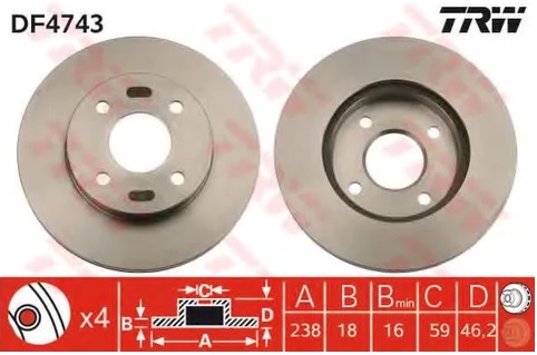 Диск тормозной передний Nissan Micra TRW DF 4743, D=238 мм