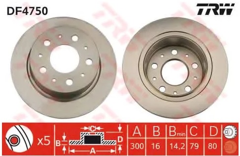 Диск тормозной задний Citroen JUMPER, Fiat DUCATO, Peugeot BOXER TRW DF 4750, D=300 мм
