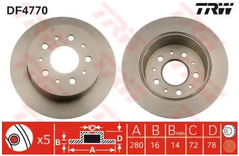 Диск тормозной задний Citroen JUMPER, Fiat DUCATO, Peugeot BOXER TRW DF 4770, D=280 мм