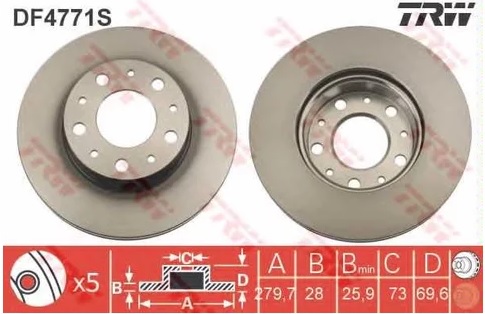 Диск тормозной передний Citroen JUMPER, Fiat DUCATO, Peugeot BOXER TRW DF 4771S, D=279 мм