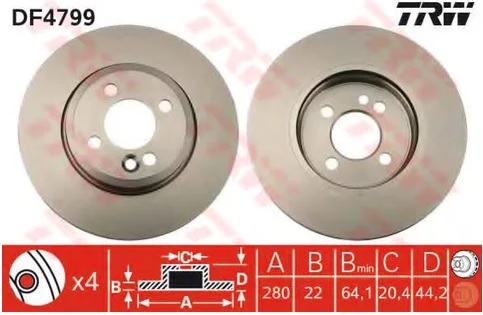 Диск тормозной передний MINI COOPER TRW DF 4799, D=280 мм