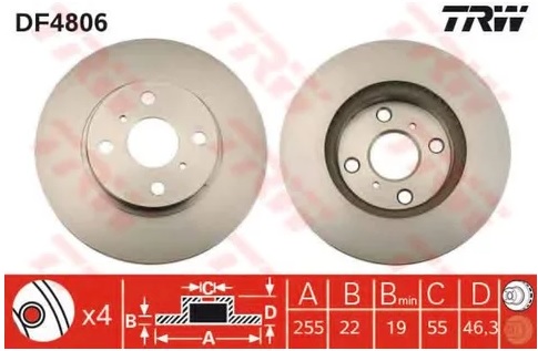 Диск тормозной передний Toyota Prius, Yaris TRW DF 4806, D=255 мм