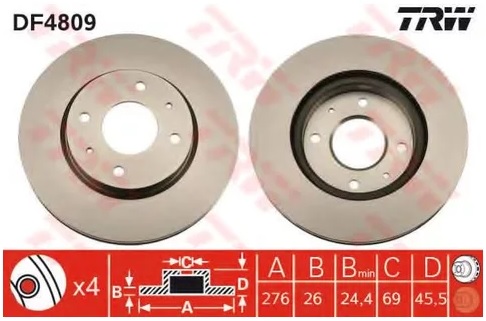 Диск тормозной передний Mitsubishi Galant, Lancer TRW DF 4809, D=276 мм