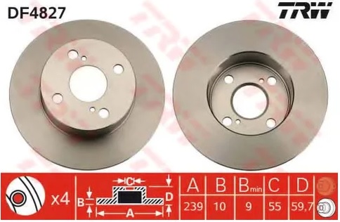 Диск тормозной задний Toyota Corolla TRW DF 4827, D=240 мм 