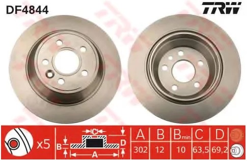 Диск тормозной задний Volvo S80, XC70 TRW DF 4844, D=302 мм