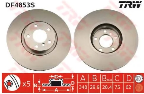 Диск тормозной передний BMW X5, X6 TRW DF 4853S, D=348 мм 