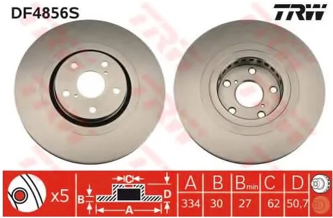 Диск тормозной передний Lexus GS, IS, RC TRW DF 4856S, D=334 мм