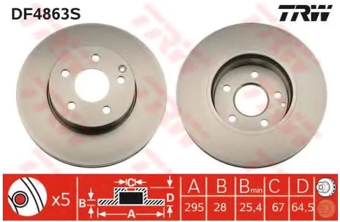 Диск тормозной передний Mercedes C-CLASS, E-CLASS, SL TRW DF 4863S, D=295 мм