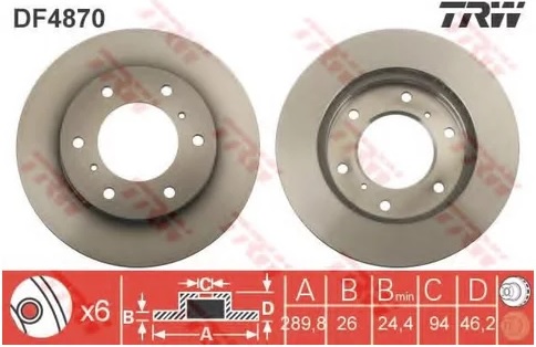 Диск тормозной передний Mitsubishi Pajero TRW DF 4870, D=290 мм