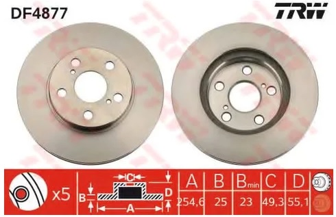 Диск тормозной передний TOYOTA CARINA, PRIUS TRW DF 4877, D=255 мм