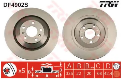 Диск тормозной задний Audi A8, VW Phaeton TRW DF 4902S, D=335 мм