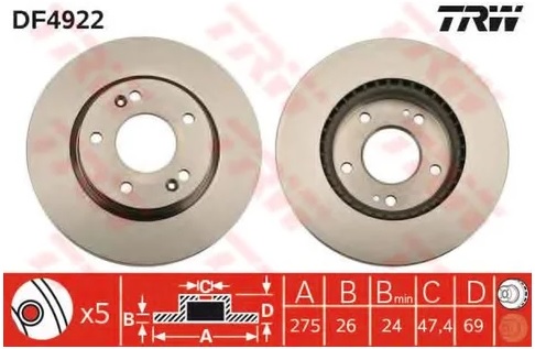 Диск тормозной передний Hyundai Elantra TRW DF 4922, D=275 мм