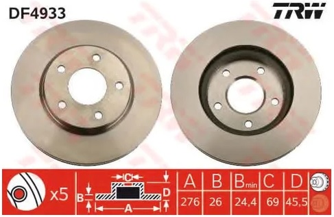 Диск тормозной передний Dodge Caliber, Mitsubishi ASX, Lancer TRW DF 4933, D=276 мм