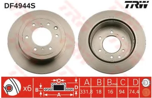 Диск тормозной задний Mitsubishi Pajero TRW DF 4944S, D=332 мм