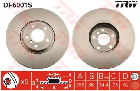 Диск тормозной передний BMW X5 TRW DF 6001S, D=356 мм