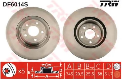 Диск тормозной передний Audi A4, A5, Q5 TRW DF 6014S, D=345 мм