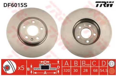 Диск тормозной передний Audi A4, A4 allroad, A5, Q5 TRW DF 6015S, D=320 мм