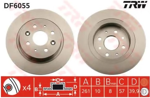 Диск тормозной задний Kia Cerato, Shuma TRW DF 6055, D=261 мм