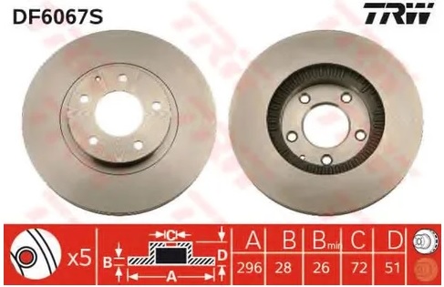 Диск тормозной передний Mazda MPV, Xedos 9 TRW DF 6067S, D=296 мм