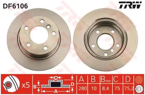 Диск тормозной задний BMW Z4 TRW DF 6106, D=280 мм
