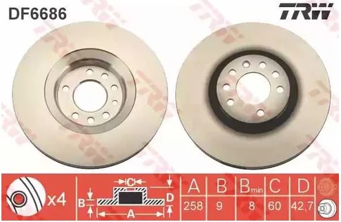 Диск тормозной задний Suzuki Ignis TRW DF 6686, D=258 мм