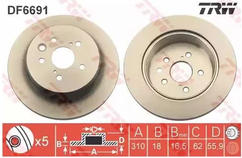 Диск тормозной задний Lexus GS, IS, RC TRW DF 6691, D=310 мм