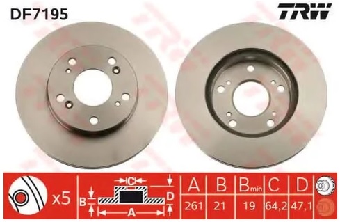 Диск тормозной передний Honda Civic, CR-Z, Stream, Nissan Bluebird TRW DF 7195, D=262 мм