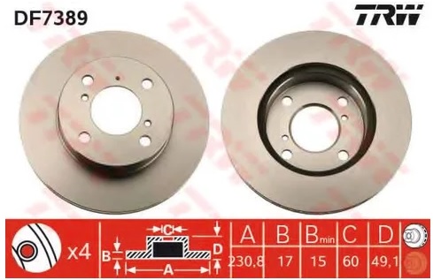 Диск тормозной передний Suzuki Celerio, Wagon R TRW DF 7389, D=231 мм