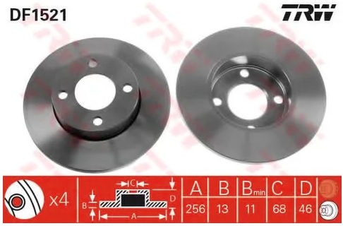 Диск тормозной передний Audi 100, 80, 90 TRW DF 1521, D=256 мм