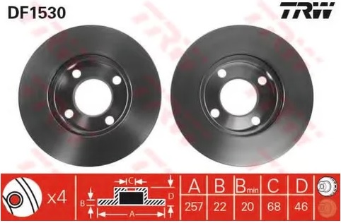 Диск тормозной передний Audi 100, 80, 90, Quattro TRW DF 1530, D=256 мм