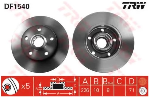 Диск тормозной задний SEAT TOLEDO, VW CORRADO, GOLF TRW DF 1540, D=226 мм