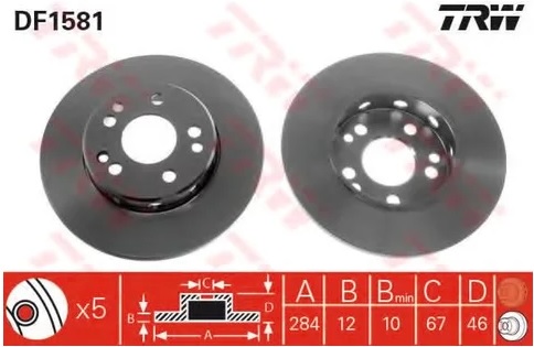 Диск тормозной передний Mercedes COUPE, E-CLASS, KOMBI TMODEL TRW DF 1581, D=284 мм