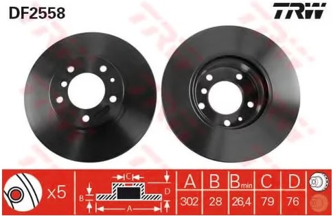Диск тормозной передний BMW 5, 7 TRW DF 2558, D=302 мм