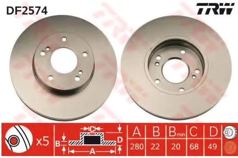 Диск тормозной передний Nissan Cefiro, Maxima TRW DF 2574, D=280 мм