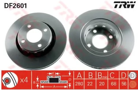 Диск тормозной передний Audi 80, Cabriolet, Coupe TRW DF 2601, D=280 мм