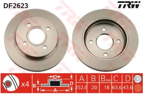 Диск тормозной задний Ford Cougar, Mondeo, Scorpio TRW DF 2623, D=252.6 мм