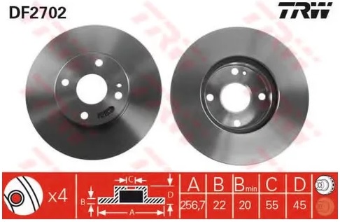 Диск тормозной передний Mazda 323, MX-3, MX-5 TRW DF 2702, D=257 мм