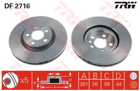 Диск тормозной передний CITROEN, PEUGEOT TRW DF 2716, D=281 мм