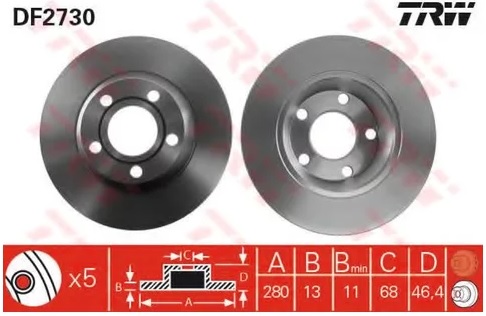 Диск тормозной передний Audi A4 TRW DF 2730, D=280 мм