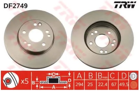 Диск тормозной передний Mercedes COUPE, E-CLASS TRW DF 2749, D=294 мм