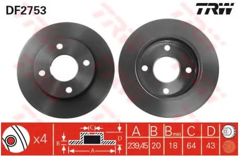 Диск тормозной передний FORD ESCORT TRW DF 2753, D=240 мм