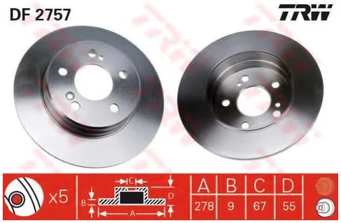 Диск тормозной задний Chrysler Crossfire, Mercedes C-CLASS, CLC-CLASS TRW DF 2757, D=278 мм