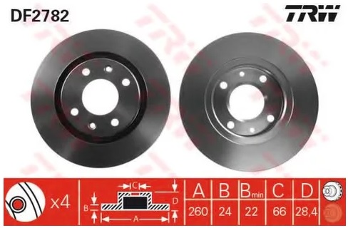 Диск тормозной передний Peugeot 406 TRW DF 2782, D=260 мм